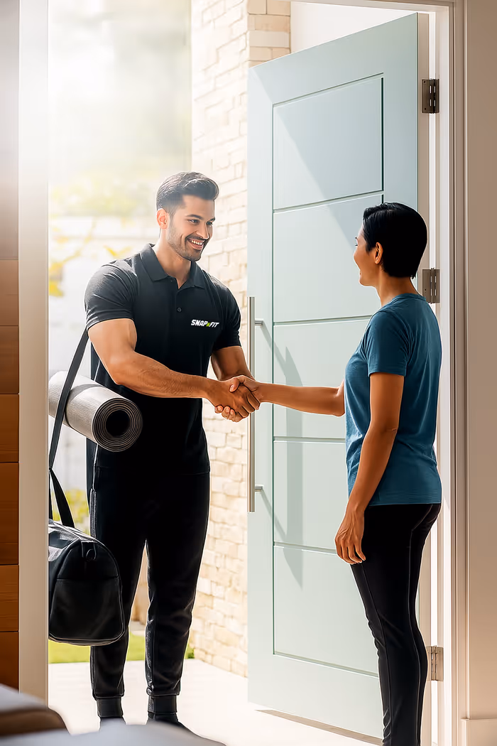 Certified trainer greeting a client at home