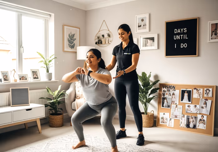 Trainer helping person at home for wedding goal